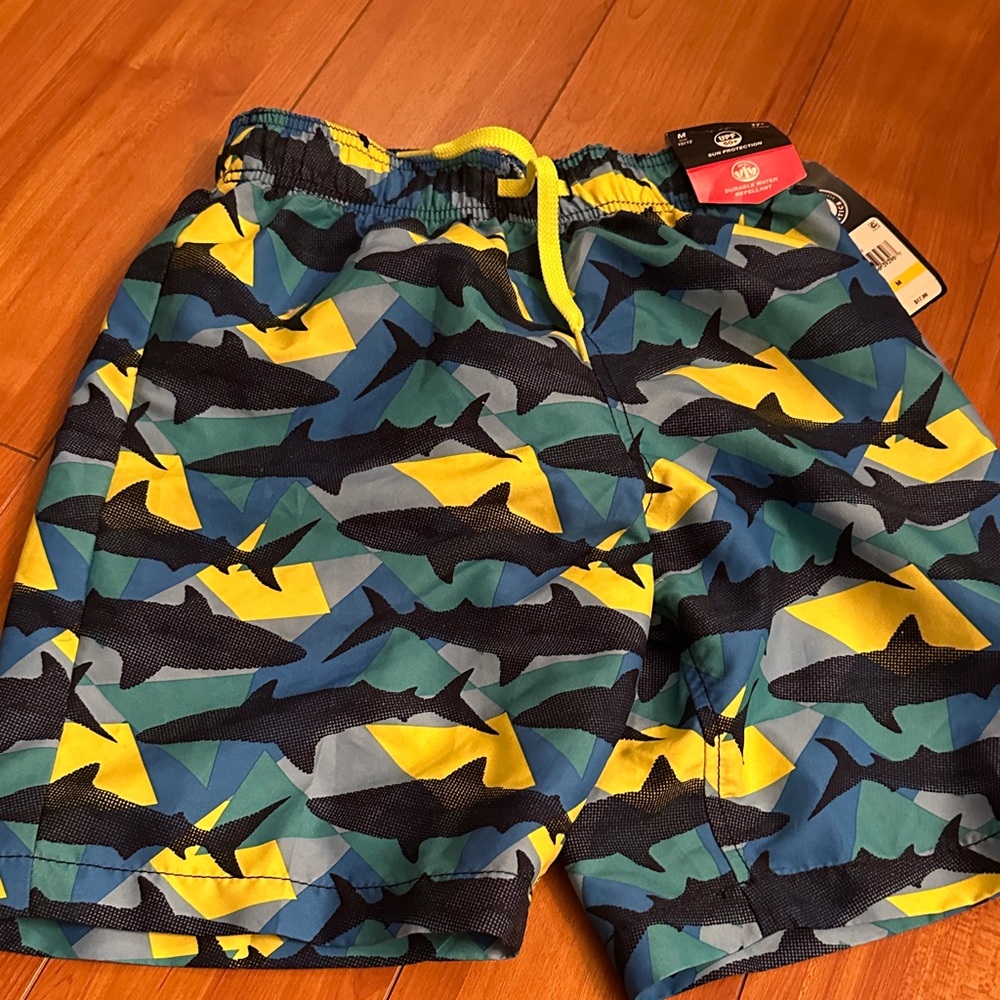 Speedo Kids Swim Trunks - Navy, Yellow, Teal Shark Design